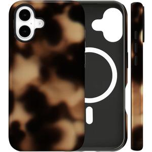 Magnetic for iPhone 16 Case Cute Tortoise Shell Phone Case, Leopard Print Shockproof Slim TPU and Hard PC Protective Cover Fit for MagSafe Designed for Women Girls, Black Amber
