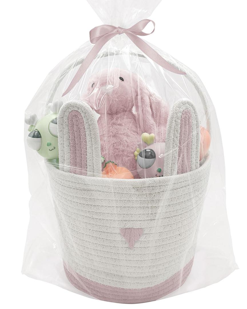 Large Woven Easter Baskets for Girls & Kids - Empty Basket with Gift Bags and Ribbons Cute Easter Decorations Bunny Ears Designs Pink