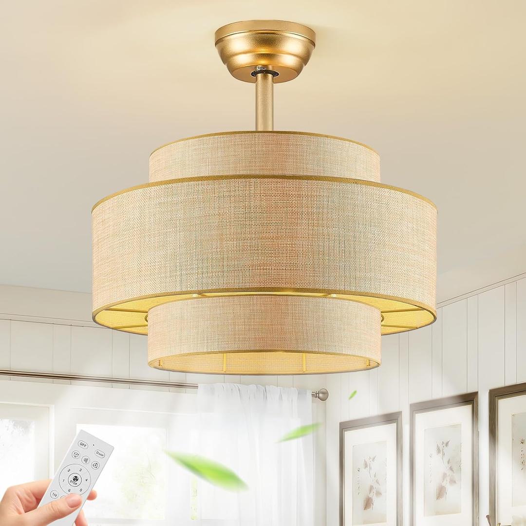 20" Boho Gold Caged Fandelier Ceiling Fan with Light and Remote, Enclosed Reversible 6-Speed Rattan Ceiling Fan with 1/2/4H Timer for Bedroom, Living Room, Kitchen