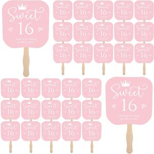 Geelin 25 Pcs Sweet 16 Birthday Party Favors for Guests Pink 16 Handheld Fans Thank You Paper Fans with Wooden Handle for Sweet 16 Birthday Gift Souvenir Themed Party Decorations