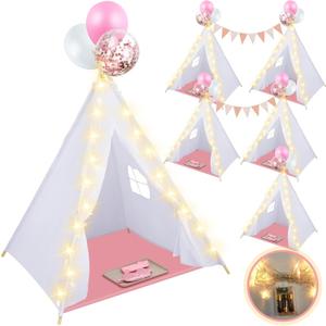 Windyun 6 Pack Teepee Tent for Kids with Light Blankets and Trays, Natural Cotton Toddler Play Tent, Washable Children's Sleepover Teepee for Girls Boys Indoor Outdoor Slumber Party Birthday Gifts