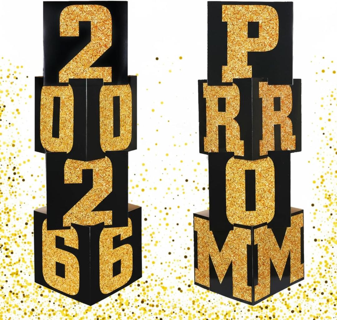 Queekay 8 Pcs Prom Column Standup Photo Booth Decorations 2026 Prom Backdrop Balloon Boxes Cardboard Decoration Column for Party College, 11.8 x 44.9 Inch(Gold, Black)