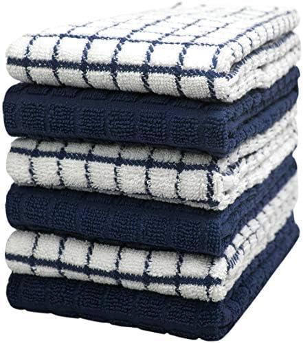 Kitchen Towels 16"x 28" | Dish Towels | Kitchen Hand Towels | Large Dishcloths Set | Highly Absorbent Tea Towel, Soft with Hanging Loop | Natural Ring Spun Cotton, 380 GSM | Navy Check Design - 6 Pack