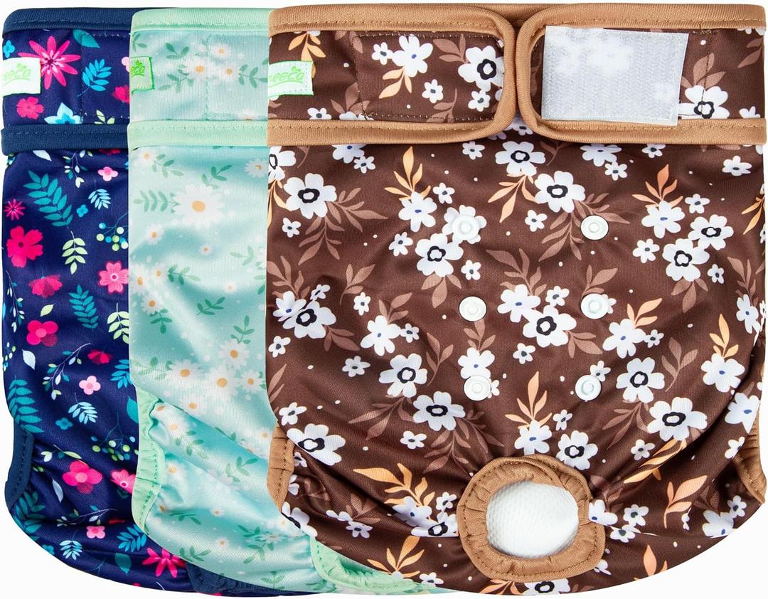 wegreeco Washable Female Dog Diapers Highly Absorbent Reusable Diapers for Dog in Heat Period, 3 Pack (Chrysanthemum, Large) (Large (15"-17" Waist))