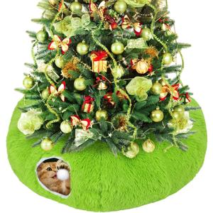 Green Fluffy Cat Tunnel Christmas Tree Skirt - Cat Donut Bed, Christmas Tree Protector from Cats, Xmas Small Medium Large Cats Gifts Accessories