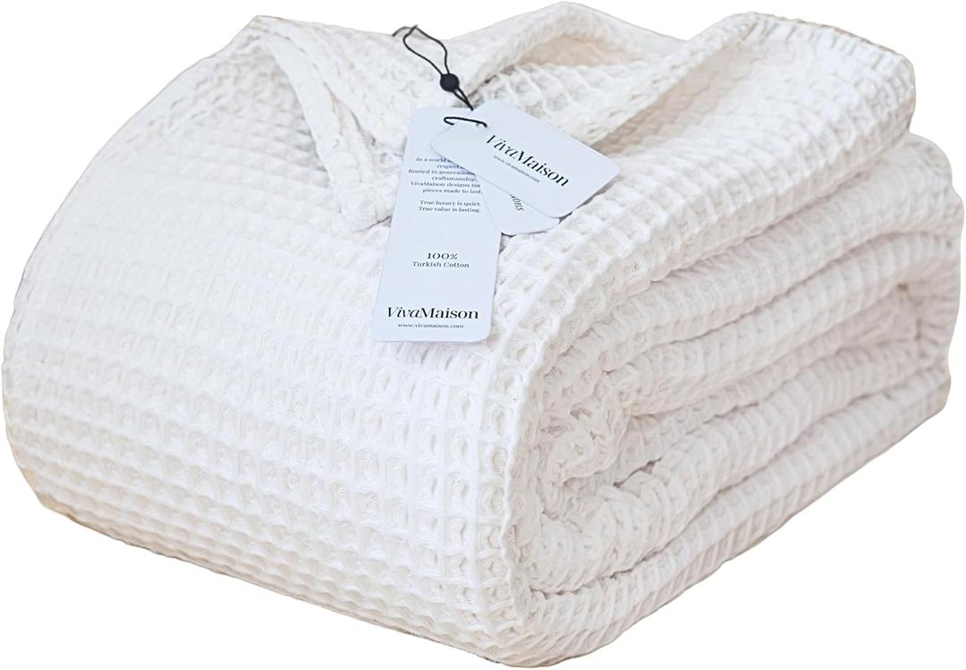 100% Turkish Cotton Waffle Throw Blanket King Size White - Premium Quality, Light and Airy Waffle Weave All-Season Quilt - Lux Decorative Bedspread (White, King Size 95" x 110" Inch)