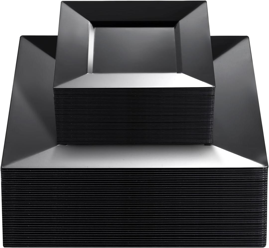 Liacere100PCS Black Plastic Plates-Premium Black Square Disposable Plates-Include 50PCS 9.5inch Black Dinner Plates - 50PCS 6inch Black Dessert Plates for Party&New Year&Father's Day