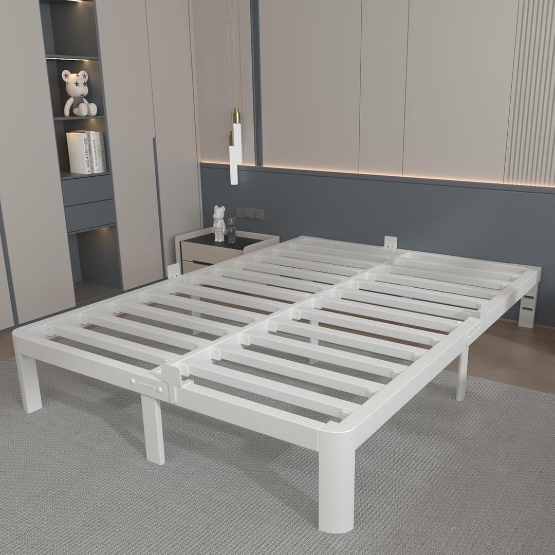 10 Inch Queen Bed Frame, White Bed Frame Queen Size with Metal Baffles, No Box Spring Needed, Heavy Duty Steel Platform Support, Rounded Corner Legs, Reserved Holes, Noise Free, Storage Space