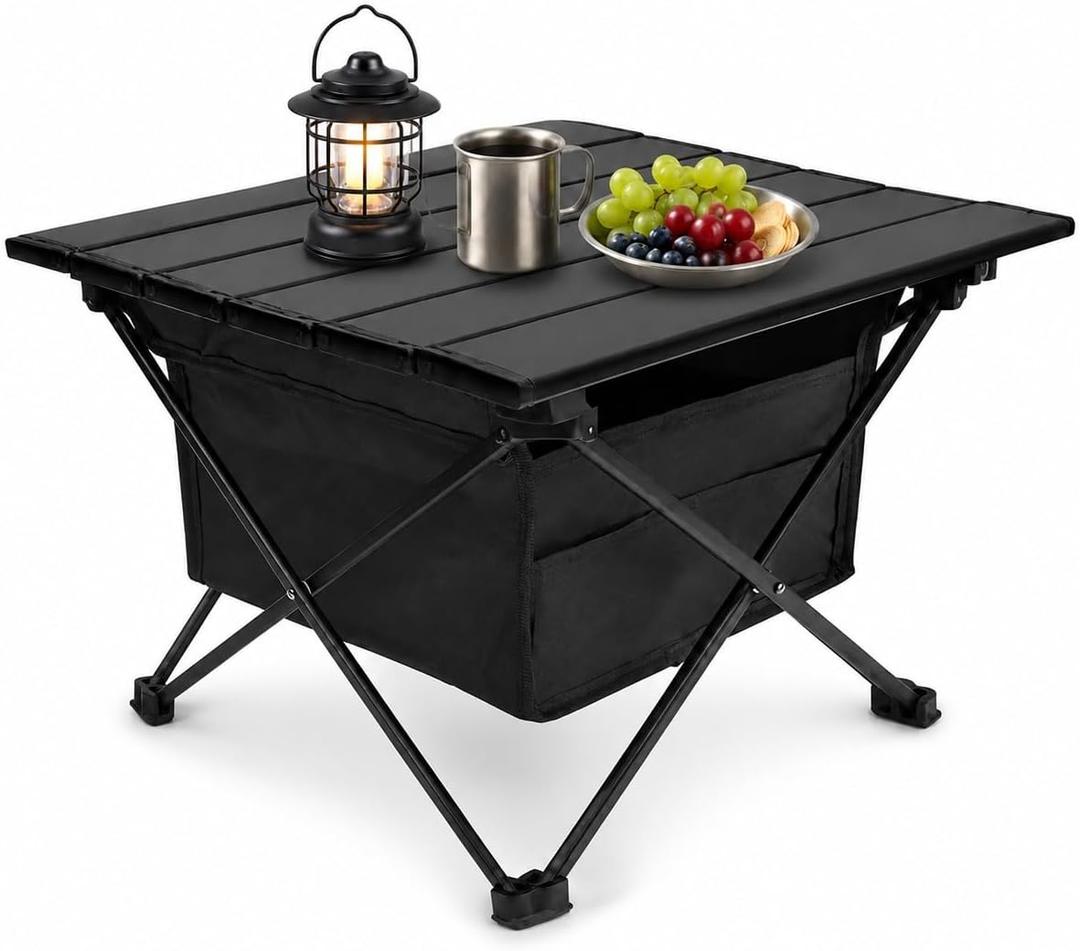 Portable Folding Picnic Table, 16 Inch Black Aluminum Tabletop，16L*14W*12H inches, Lightweight Foldable Picnic Table, Waterproof Small Outdoor Side Table for Beach, Picnic, Travel, Fishing