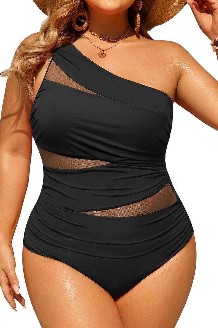 Aqua Eve Plus Size One Piece Swimsuit for Women Tummy Control Bathing Suits One Shoulder Swimwear (Black Mesh) 20W