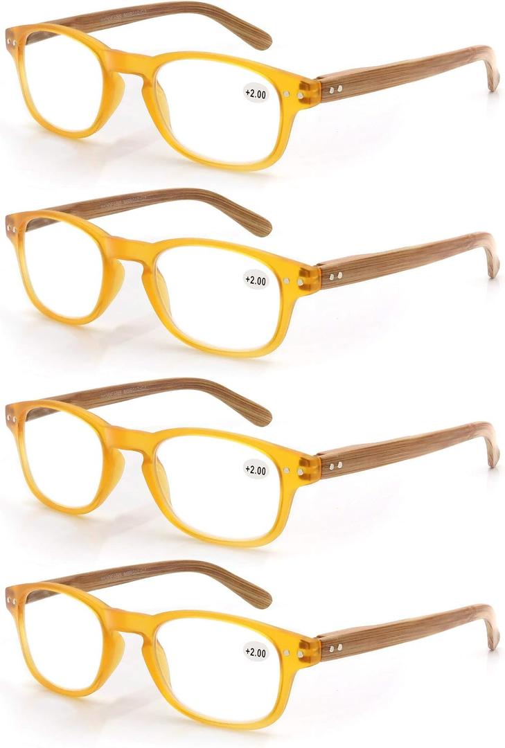 MODFANS 4 Pack Reading Glasses 1.75 Fashion Wood-Look Spring Hinges Stylish Readers Men Women Yellow