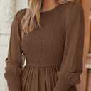 ZESICA Women's Casual Long Sleeve Crew Neck High Waist Smocked Flowy Tiered Midi Dress (Brown, L)