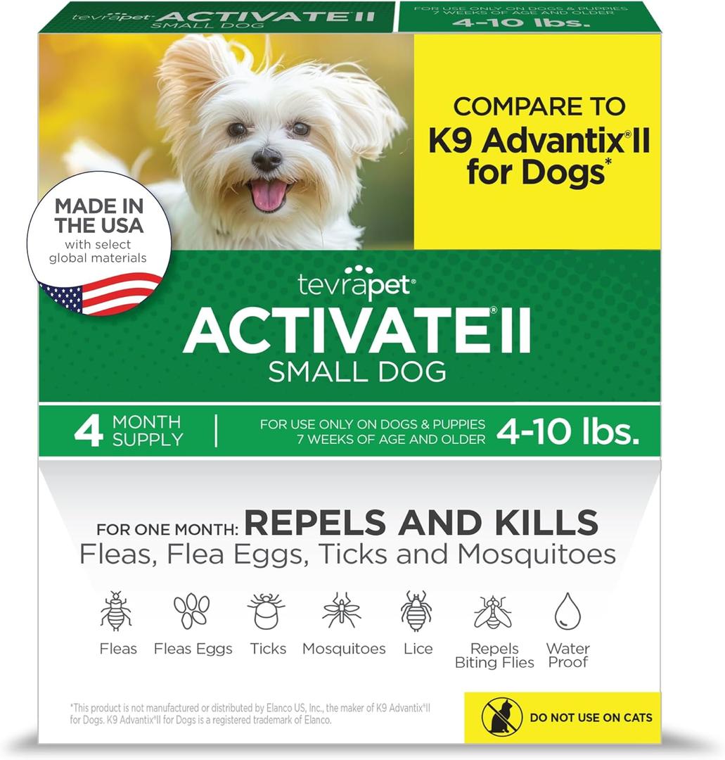 TevraPet Activate II Flea and Tick Prevention for Dogs, Small Dogs 4-10 lbs, Topical Drops, 4 Months Flea and Tick Treatment