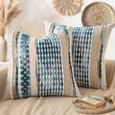 ANRODUO Pack of 2 Boho Decorative Throw Pillow Covers 18x18 Farmhouse Cushion Case Striped Chenille Pillow Cases Coastal Throw Pillows Accent Neutral Pillowcase for Sofa Couch Bed, Sky Blue Stripe
