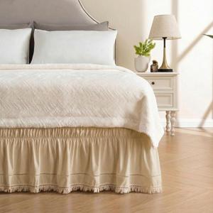 MIYE Wrap Around Ruffled Lace Bed Skirt, Elastic Dust Ruffle with Adjustable Belts, Easy to Put On, Bed Frame Cover, Machine Washable (Tassel Ruffle/Beige, King/Queen-15 Drop)
