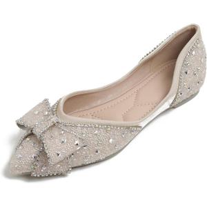 Flats Shoes Women Rhinestone Wedding Flats Comfort Pointed Toe Ballet Flat Shoe Low Heel Dress Shoes Sparkly Flats for Women (9, Apricot-2)