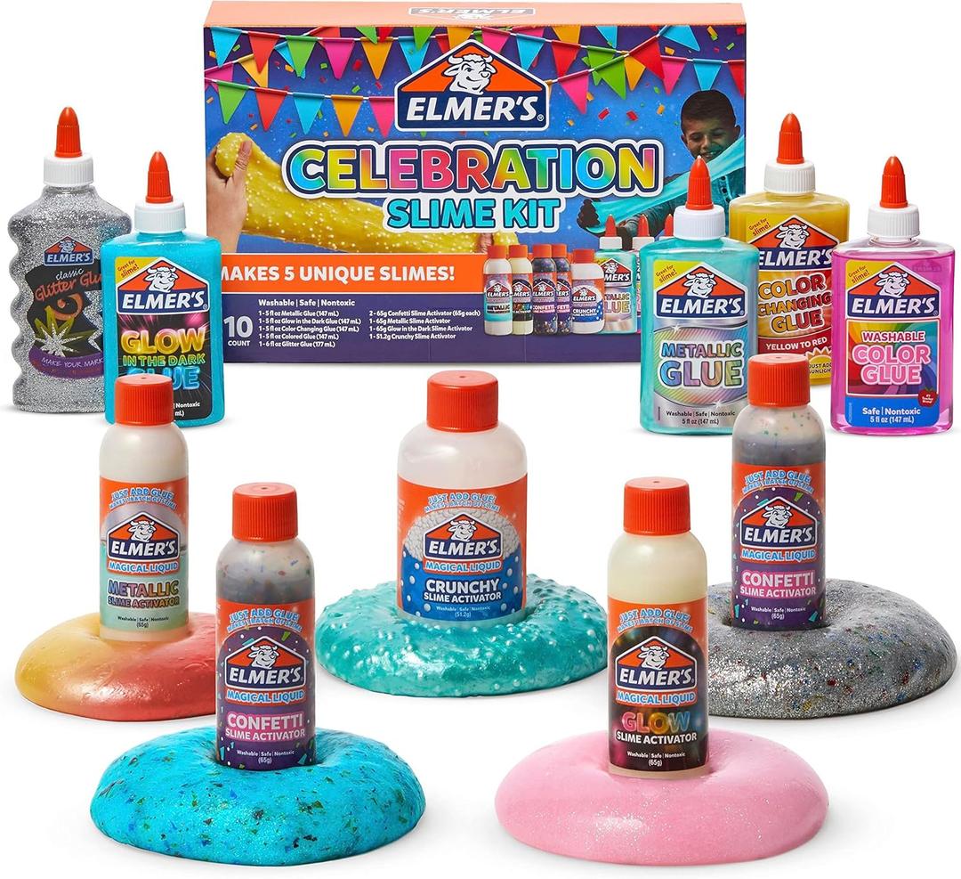 Elmer's Celebration Slime Kit, Complete Slime Supplies, Includes Assorted Magical Liquid Slime Activators and Liquid Glues, 10 Count - Kids Activity, Creative Fun, Arts & Crafts