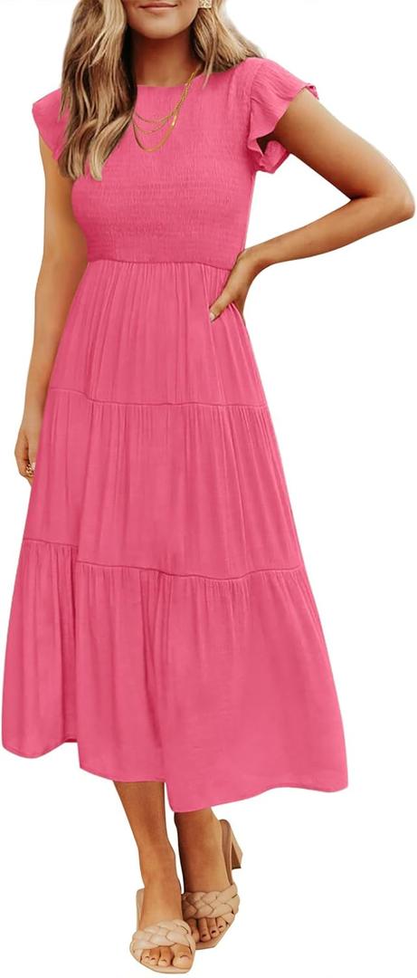 ZESICA Women's 2026 Summer Casual Flutter Short Sleeve Crew Neck Smocked Elastic Waist Tiered Midi Dress (XX-Large, Hot Pink)
