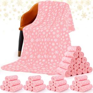 Moukeren 48 Pcs Christmas Snowflake Throw Blanket Bulk, 59 x 47 Inch Xmas Winter Throw Blanket Christmas Warm Soft Cozy Fleece for Home Bedding Couch Chair Gift (Pink)