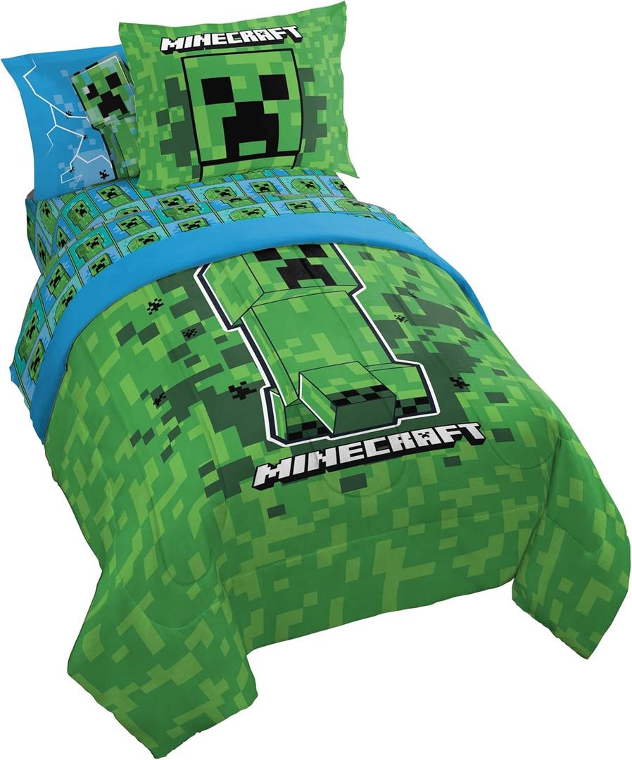 Jay Franco Kids Comforter Set Includes Sheets and Pillow Covers - Soft and Cozy Bed Set for Stylish Room Decor, Green - Minecraft Creeper, 7 Piece Full Size Bedding