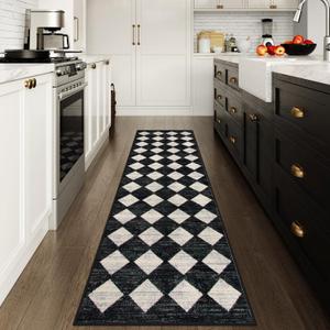 Lahome Checkered Washable Rug Runners for Hallways Non Slip,2x10 Black Kitchen Bathroom Runner Rug,Trellis Low Pile Indoor Carpet Runner for Bedroom Entryway Foyer(2'x10',Black) (2' x 10', Black)