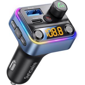 Syncwire Bluetooth 5.4 FM Transmitter Car Adapter 42W [Light Switch] [Stronger Dual Mics] [HiFi Bass Sound] [Fast Charging] Wireless FM Radio Music Adapter Hands-Free Calling Support USB Drive, Blue