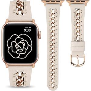 Minyee Leather Band Compatible with Apple Watch Bands 38/40/41/42/44/45/46/49mm Women, Dressy Premium Leather Strap with Stainless Steel Metal Chain for iWatch Series 11 10 9 8 7 6 5 4 SE/Ultra 3 2 1