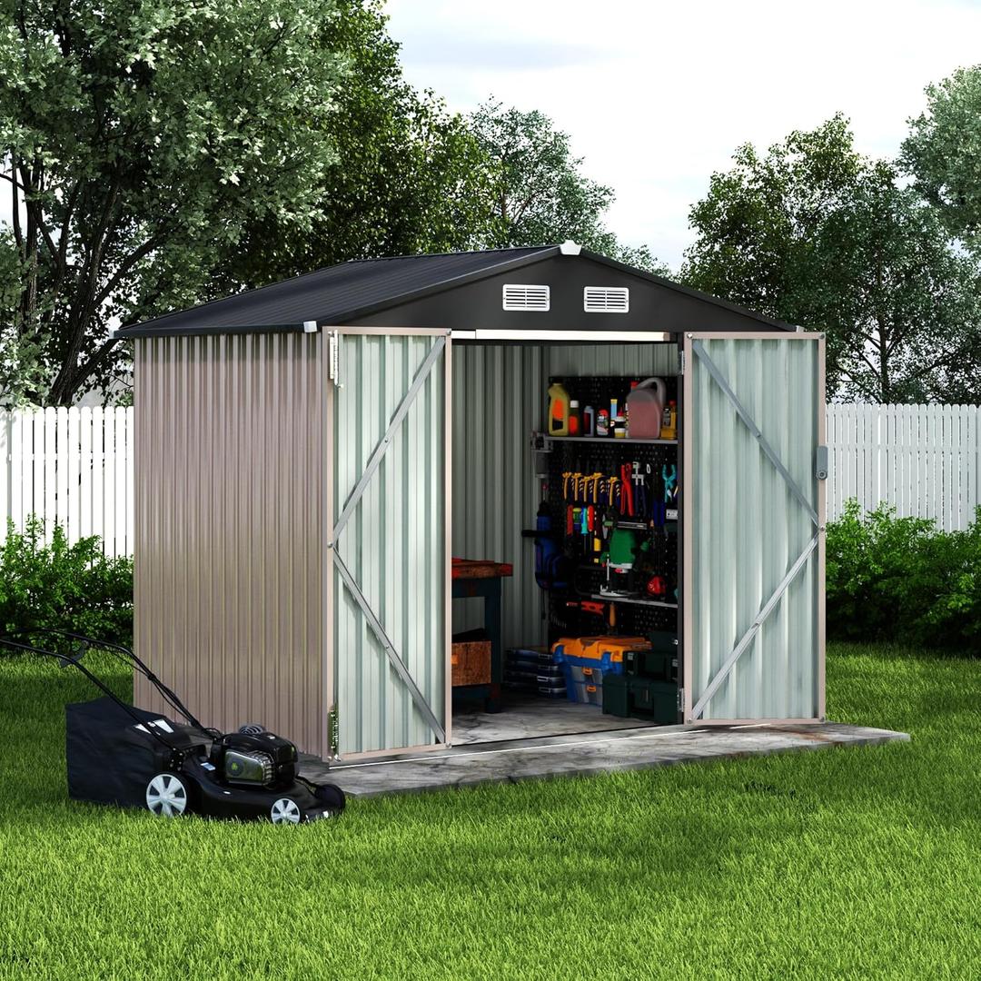 GarveeLife 6x8x6.4 ft Outdoor Storage Sheds, Metal Garden Tool Shed for Backyard, Large Metal Sheds Outdoor Storage with Lockable Doors & Air Vents for Backyard Garden Patio Lawn (Brown)