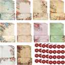 TaoBary 160 Packs Stationery Paper Set (50 Double Sided Stationery Writing Papers 50 Matching Envelopes) 60 Round Dot Sticker, 10 Design(Vintage Floral,8.5 x 11 Inch)