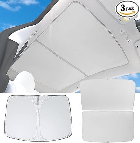 3PCS Tesla Model Y Roof Sunshade & Windshield Sun Shade [No Sag, No Gap, Blocks 99% UV] Foldable Heat Insulation Glass Roof Shade for 2025 2024-2020 Tesla Model Y Interior Accessories