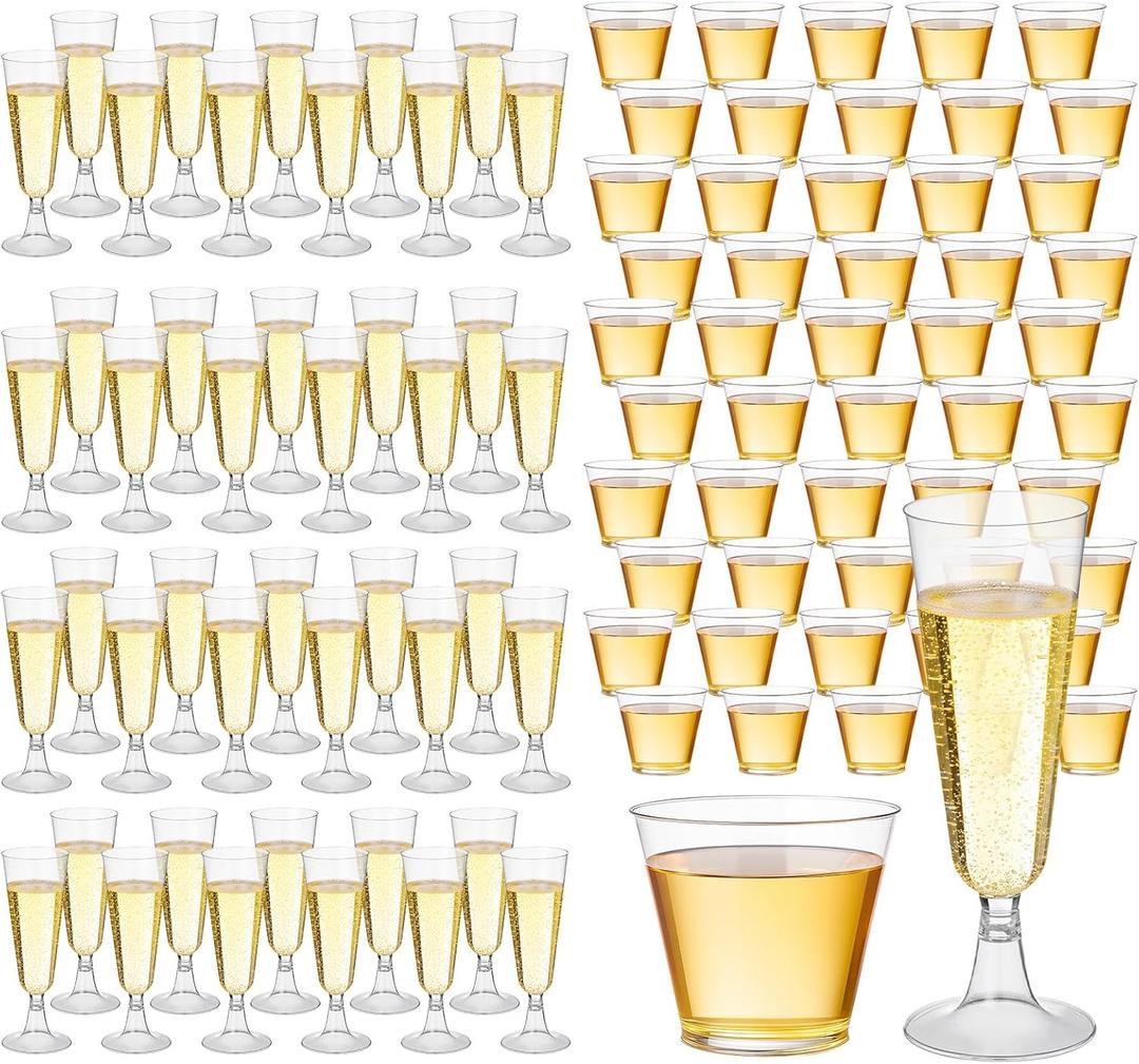 Potchen 160 Pack Champagne Flute and Clear Plastic Cup, 60 Pcs 5 oz Champagne Wine Glasses Disposable 100 Pcs 9 oz Hard Drinking Cups Bulk for Engagement Birthday New Years Eve Party