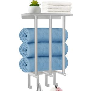 Bathroom Towel Rack with 4 Hooks - Wall Mount Towel Holder for Bathroom with Metal Shelf, Ideal Bathroom Storage Organizer and DecorGrey