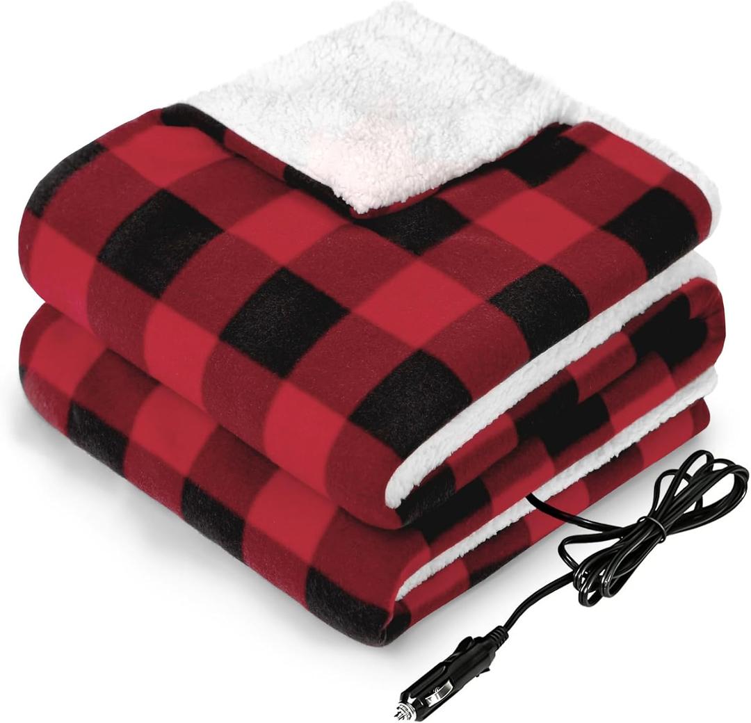 Sealy 12-Volt Heated Car Blanket, Portable Electric Blanket with 3 Heating Levels & 4 Hours Auto Off for Car, Truck, SUV, RV or Camping, Machine Washable, 59" X 43", Plaid (Red Plaid)