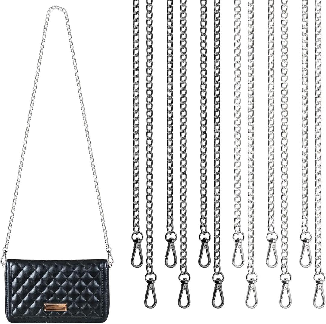 WRINGKIT 12 Pack Purse Chain Strap, 47" Purse Chain Replacement Crossbody, Silver Black Bag Chains for DIY Handbags Shoulder Cross Body Bag, Flat Chain Purses with Metal Buckles