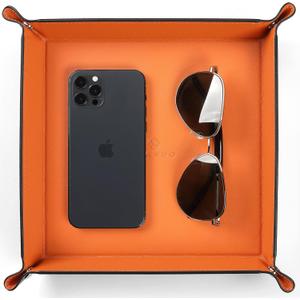 Valet Tray for Men Women, Nightstand Organizer Vanity Catchall Holder for Dresser Desk Storage Bedside, Travel PU Leather Jewelry Key Bowl EDC Watches and Candy Entryway Tray - Large (Orange)