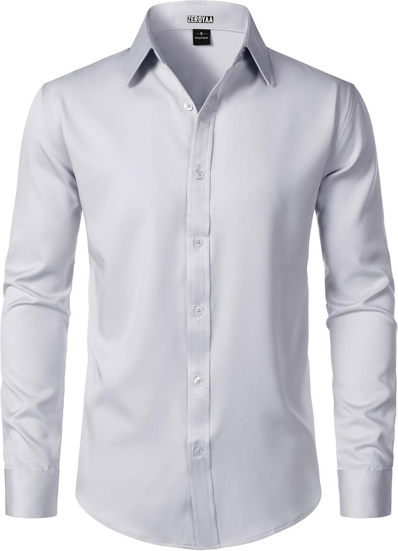 ZEROYAA Men's Wrinkle Free Long Sleeve Dress Shirt Business Casual Modern Slim Fit Button Down Shirts for Wedding and Office (Large, Light Grey)