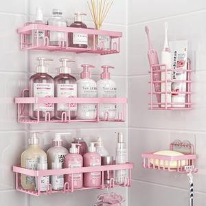 Liuoud 5 Pack Shower Caddy Organizer Rack Shelf for Inside Shower, Adhesive Bathroom Wall Storage Basket Rustproof Stainless Steel Shampoo Holder, Girly Bathroom Accessory Decor Set, Pink