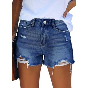 CHICZONE Womens Mid-High Waisted Jean Shorts Ripped Cutoff Denim Shorts Stretchy Summer Short Pants (Large, 0-navy)