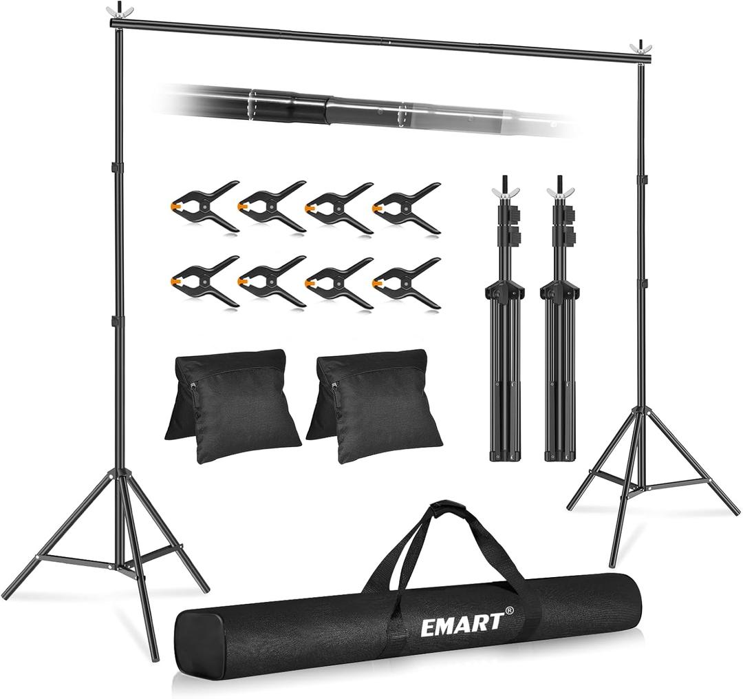 EMART Backdrop Stand 10x7.8ft(WxH) Photo Studio Adjustable Background Stand Support kit with 2 Crossbars, 8 Clamps, 2 Sandbags and Carry Bag for Parties, Events Decoration, Wedding, Photography (Black)