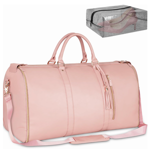 Ytonet Garment Duffle Bags for Travel, Convertible Carry On Garment Bag for Women, Large PU Leather Foldable Travel Bag with Shoe Pouch, 2 in 1 Hanging Suitcase Dress Suit Travel Bags, Pink