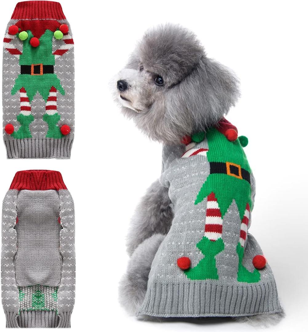 Dog Christmas Sweater Cute Funny Clown Cat Ugly Xmas Outfit Holiday Puppy Costumes Fall Winter Pet Knitted Sweaters Clothes for  Dogs Cats(L,Green)
