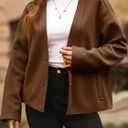 Yousify Womens Cropped Wool Blend Pea Coat Casual V Neck Button Down Short Jackets Fall Shackts with Pockets (Medium, Brown)