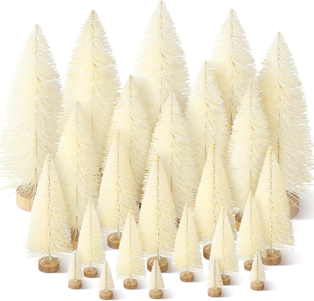 Geetery 25 Pcs Mini Christmas Trees, Artificial Bottle Brush Trees with Wooden Base, Christmas Village Sisal Snow Tree for Xmas Tabletop Home Winter Decor, 5sizes (White)