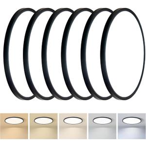 Huguzili 6PK 15.8inch LED Flush Mount Ceiling Light, 32W, 3520LM, 2700K/ 3000K/ 4000K/ 5000K/ 6500K CCT Selectable, Super Slim Low Profile LED Ceiling Light for Bedroom, Kitchen, Hallway, Living Room, Black