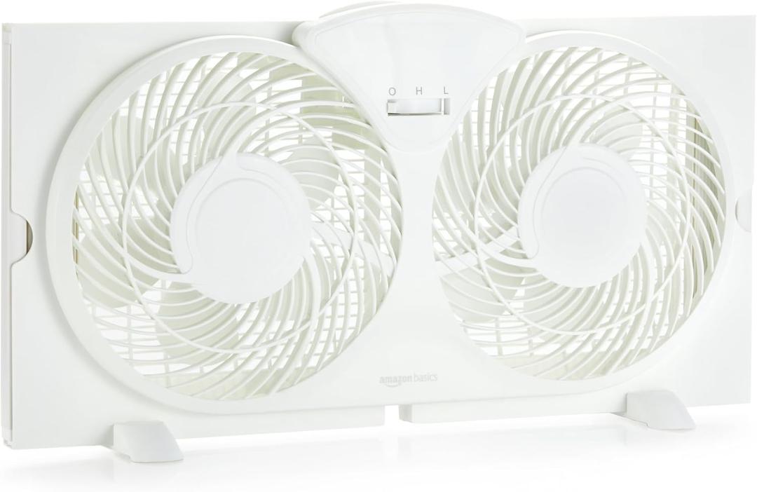 Amazon Basics Twin Window Fan for Home Bedroom, 9 inch, Reversible Airflow, Exhaust Mode, Expandable Side Panels, Width Adjustable, 2 Speeds, Air Circulation, 68W, White