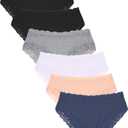 FINETOO Womens Underwear Cotton Bikini Underwear for Women Lace Wasit Hipster Panties Soft Breathable Briefs 6 Pack (Large, C 6 Pack (Black*2 White*1 Blue*1 Grey*1 Nude*1))