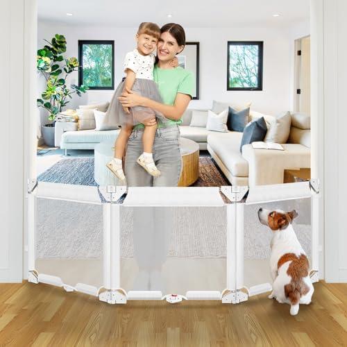 27.5 Inch Tall Foldable Dog Gate Step Over Pet Gate, 27.5"-83" Wide Adjustable Width & Angle Expandable Gate, 3 Panel Foldable Baby Gate Small Dog Gate, Indoor Baby Fence Gate Mesh Puppy Gate, White
