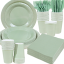 350 Pcs  Green Plastic Plates For Party, Emerald Green Disposable Plates Set, 50 Of Each 9" Dinner Plate Set, 7" Dessert Plate, Cups, Napkins & Cutlery Plastic Dinnerware Set Exquisite, Mint