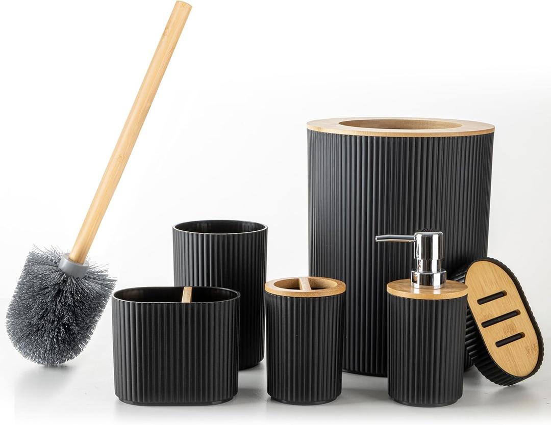 Fun Memories Bathroom Accessories Set 6 Pieces Black Bath Ensemble Includes Toothbrush Holder, Soap Dispenser, Toothbrush Cup, Soap Dish for Decorative Countertop and Housewarming Gift, Black