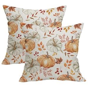 Fall Autumn Thanksgiving Pumpkin Throw Pillows Cover Set of 2 Orange White Pumpkins Outdoor Pillow Covers 18x18 Inch Harvest Linen Decorative Pillow Cases for Bedroom Couch Sofa Decor